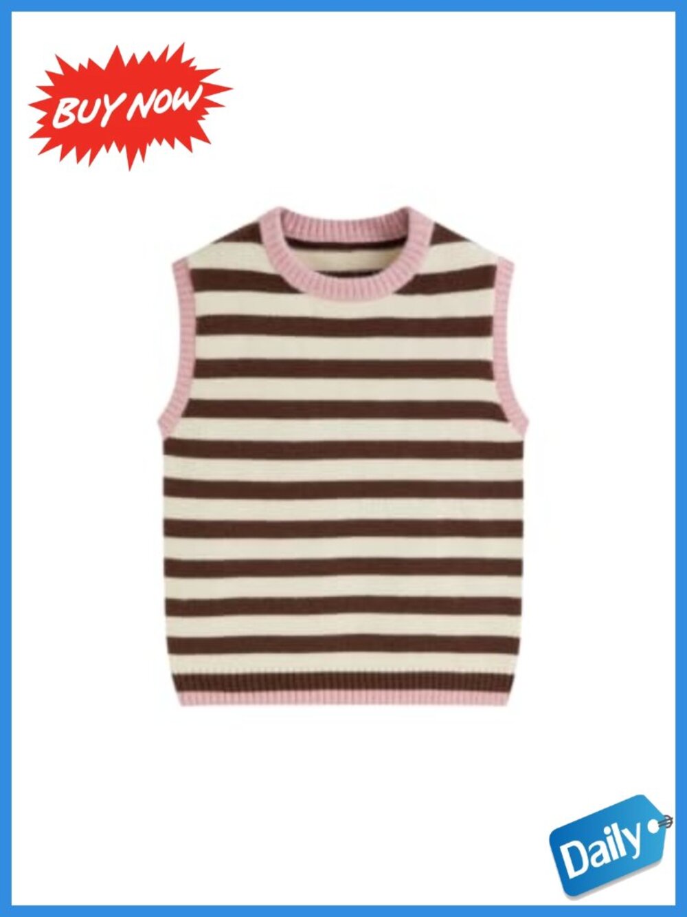 Striped Ribbed Knit Sweater Vest Sleeveless Crew Neck Layer
